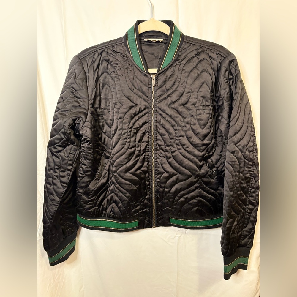 Elan Brody Style Black Quilted Bomber Jacket with Green Accents